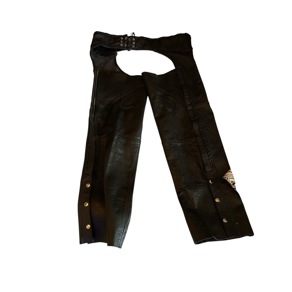 VTG Hot Leathers Unisex Black Leather Motorcycle Chaps L Adjustable, Belted Lace